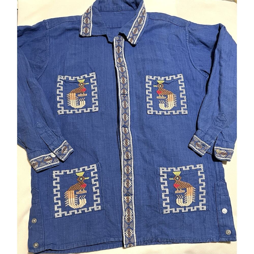Guatemalan Handmade Quetzel Tribal Aztec Shirt Jacket Embroidered M 70s